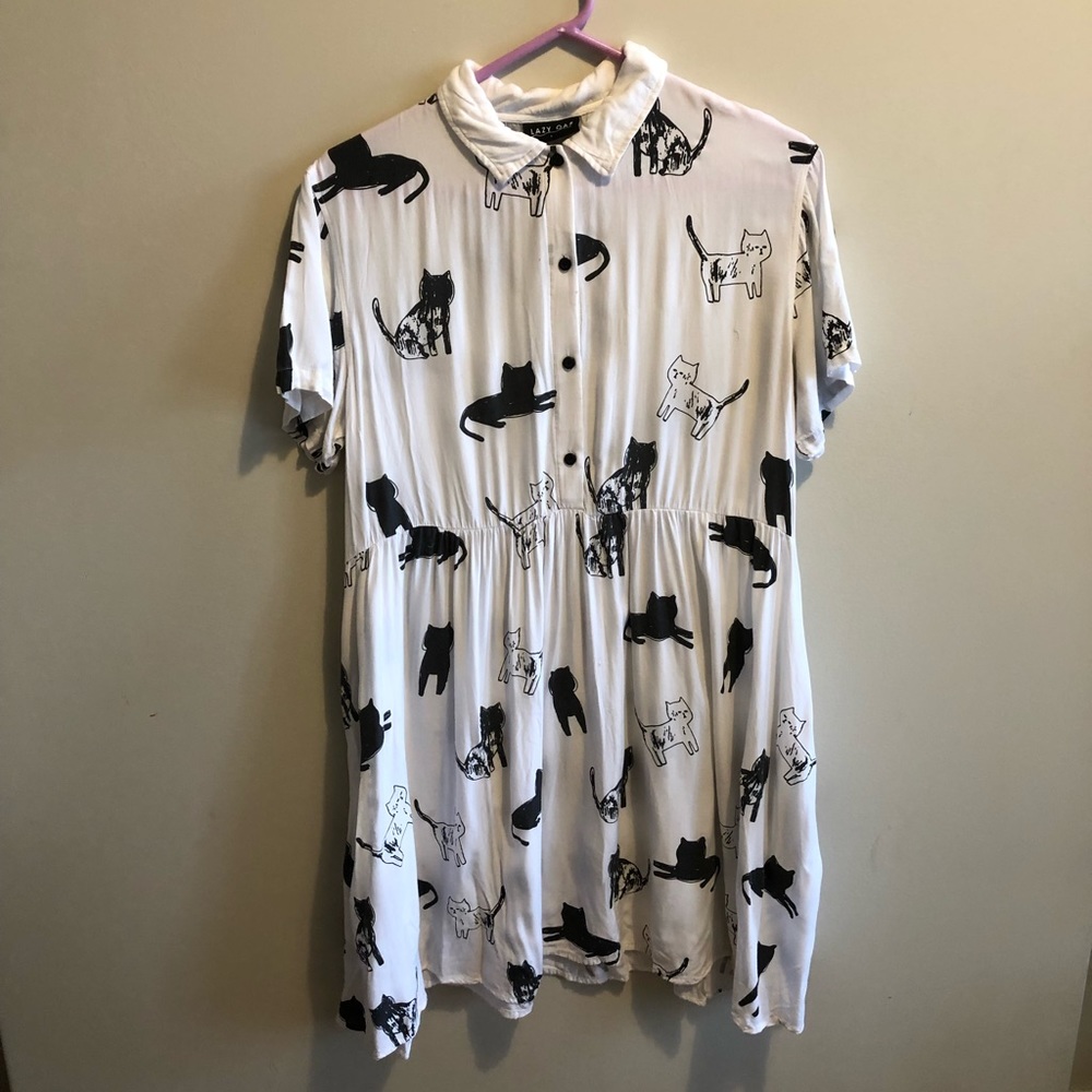 Lazy Oaf cat print button up short dress white L